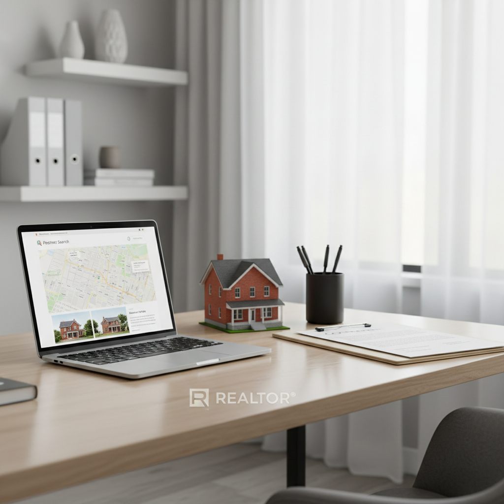 A bright, modern home office setup representing a real estate professional’s workspace, with a sleek wood desk, slim laptop open to a stylized property search interface, and a neat stack of contract folders beside a minimalist metal pen holder. A small desktop model of a Central Ohio-style house, with brick detailing and gabled roof, sits prominently near the laptop. The space is beside a large window with diffused daylight creating soft, even illumination and gentle reflections on the desk surface. Photographic realism, captured at eye level with shallow depth of field, the background shelves holding discreet binders and décor slightly blurred. The scene feels organized, trustworthy, and detail-oriented, symbolizing professional REALTOR®-level service and market expertise.