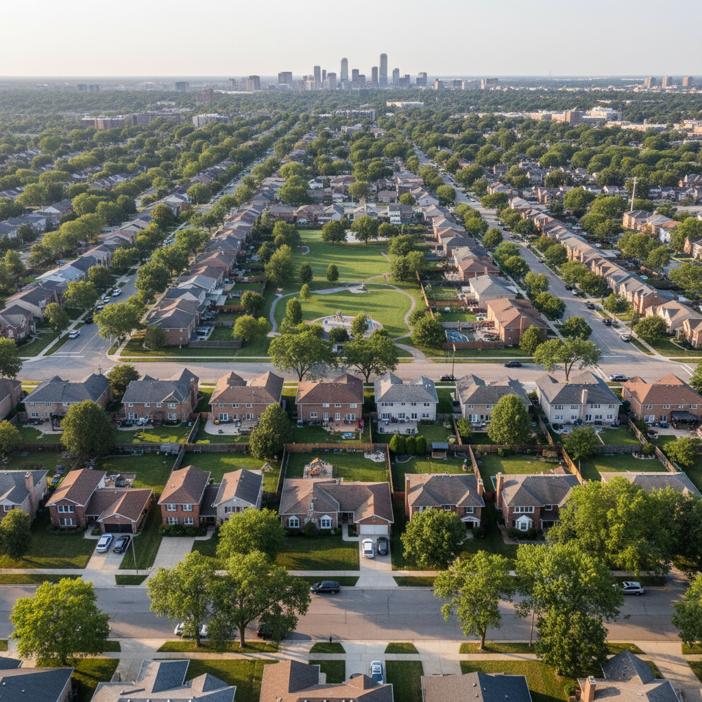 A detailed aerial photographic view of a Columbus, Ohio neighborhood, highlighting a mix of tidy single-family homes, small parks, and tree-lined streets converging toward a subtle, distant skyline. The rooftops show varied textures of shingles and brick chimneys, while well-kept backyards and driveways form an organized grid. Soft late-morning sunlight casts gentle shadows, adding dimension to the streets and houses without harsh contrast. Photographic realism from a high, slightly angled perspective, with sharp focus on the nearest blocks and a gradual softening toward the horizon. The mood is expansive yet grounded, conveying a clear sense of place, community, and the broad market knowledge of a Central Ohio real estate expert.