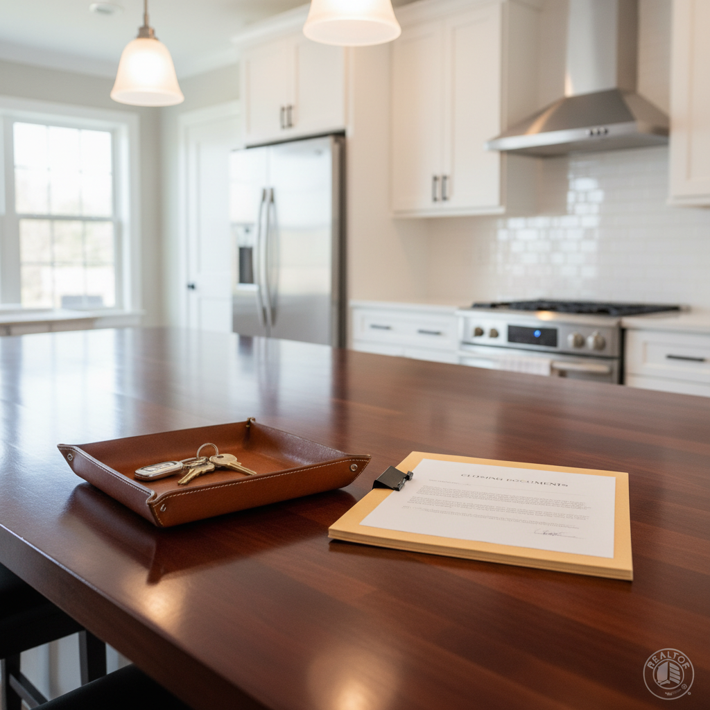 A close-up, photographic-realism scene of a polished wood kitchen island in a newly listed Central Ohio home, with a set of keys on a tasteful leather tray beside a neatly stacked folder of property documents. In the blurred background, stainless steel appliances, white shaker cabinets, and a subway tile backsplash convey a modern, updated space. Soft overhead pendant lighting combined with indirect daylight from a nearby window creates a clean, balanced illumination, with subtle highlights on the metal keyring and smooth countertop. Captured at a slightly elevated angle with shallow depth of field, the focus rests on the keys and documents as symbols of closing, trust, and successful real estate transactions guided by a professional REALTOR®.
