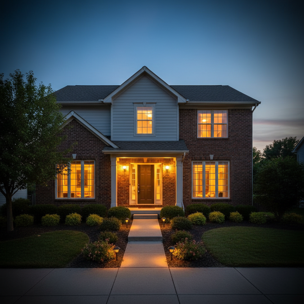 A twilight exterior view of a Central Ohio home with warm interior lights glowing through large front windows, showcasing the inviting atmosphere within. The house features a blend of brick and siding, with a neatly edged walkway leading to a covered entry and tasteful landscaping illuminated by subtle pathway lights. The deep blue evening sky contrasts softly with the warm yellow-orange interior light, creating a sense of comfort and security. Photographic realism, captured at a straight-on eye-level angle, with sharp focus on the home and a gentle vignette that keeps attention centered. The mood is reassuring and aspirational, ideal for communicating dependable real estate guidance and the feeling of finding the perfect home in Columbus and its surrounding neighborhoods.