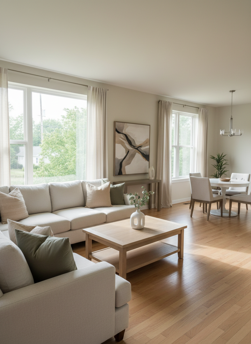 An elegant living room interior of a Central Ohio home staged for sale, featuring a neutral-toned sectional sofa with textured throw pillows, a light oak coffee table with a simple ceramic vase, and a tasteful abstract artwork on the wall. Large windows reveal a hint of leafy neighborhood trees outside, while soft midday natural light fills the room, creating gentle shadows on the hardwood floors. Photographic realism, shot from a corner angle to capture depth and flow into an adjoining dining area in the background. The composition uses the rule of thirds, with crisp focus throughout to showcase cleanliness and spaciousness. The atmosphere is calm, inviting, and move-in ready, reflecting high-quality real estate presentation and professional guidance for Central Ohio buyers and sellers.